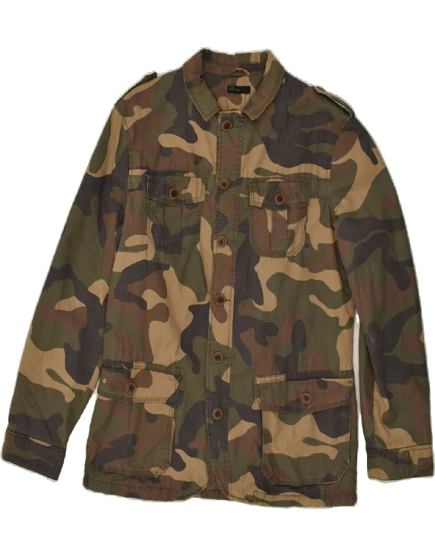 BENETTON Mens Military Jacket IT 50 Large Khaki Camouflage Cotton