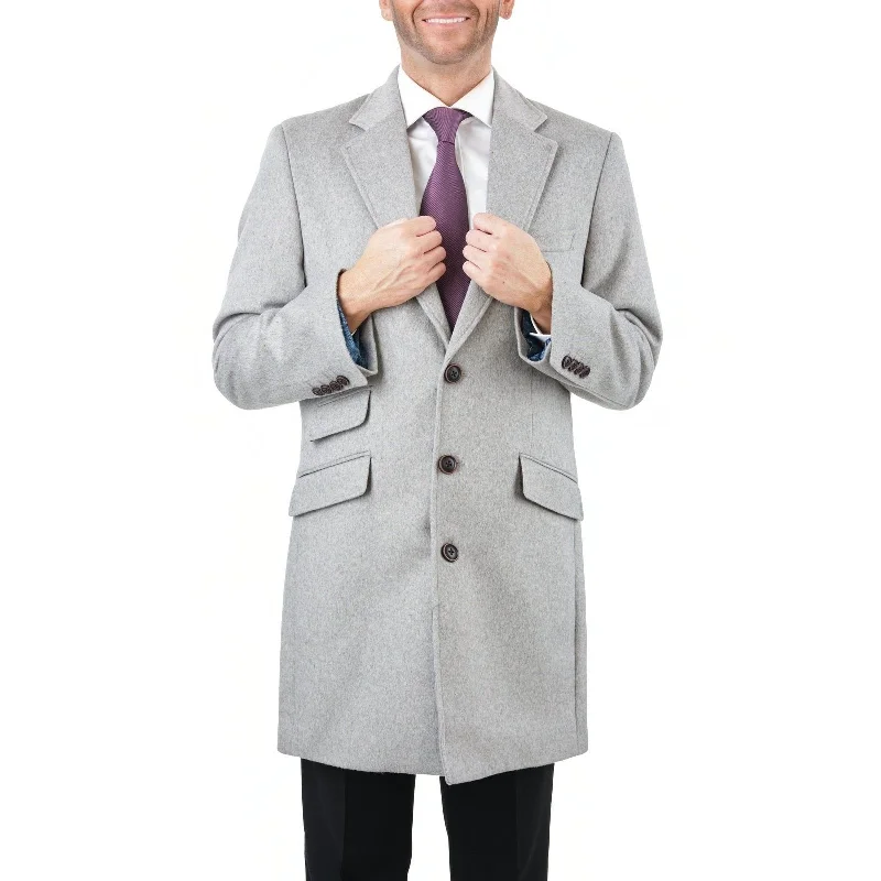 Men's Wool Cashmere Single Breasted Light Gray 3/4 Length Car Coat Top Coat