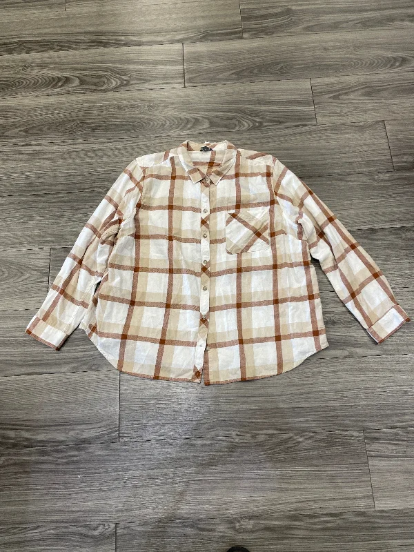 Top Long Sleeve By Eddie Bauer In Tan & White, Size: 2x