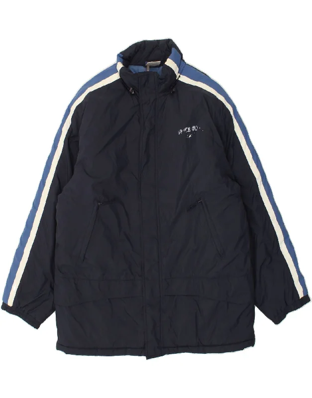 REEBOK Mens Graphic Hooded Padded Jacket UK 40 Large Navy Blue Nylon