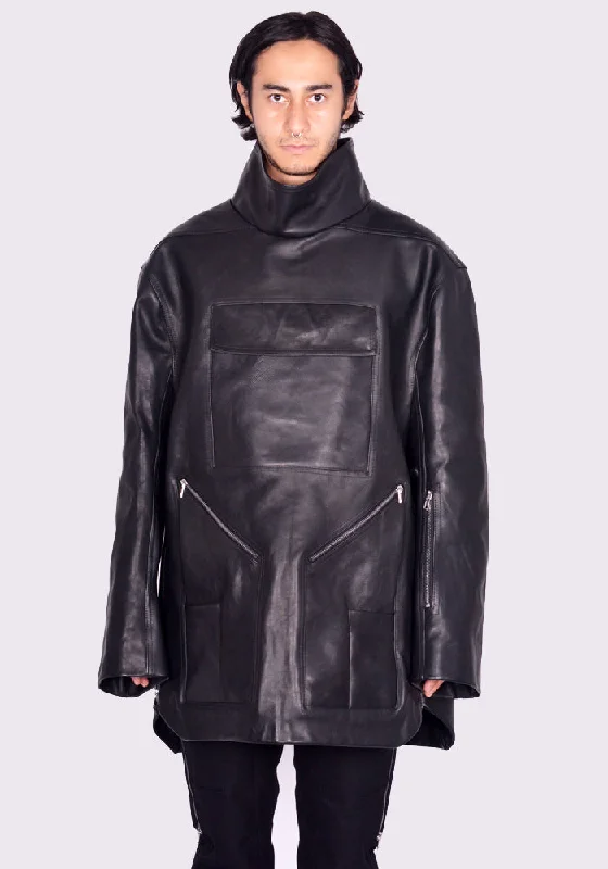 RICK OWENS MEN RR02D6910 LOO MOUNTAINEERING SMOCK LEATHER JACKET BLACK