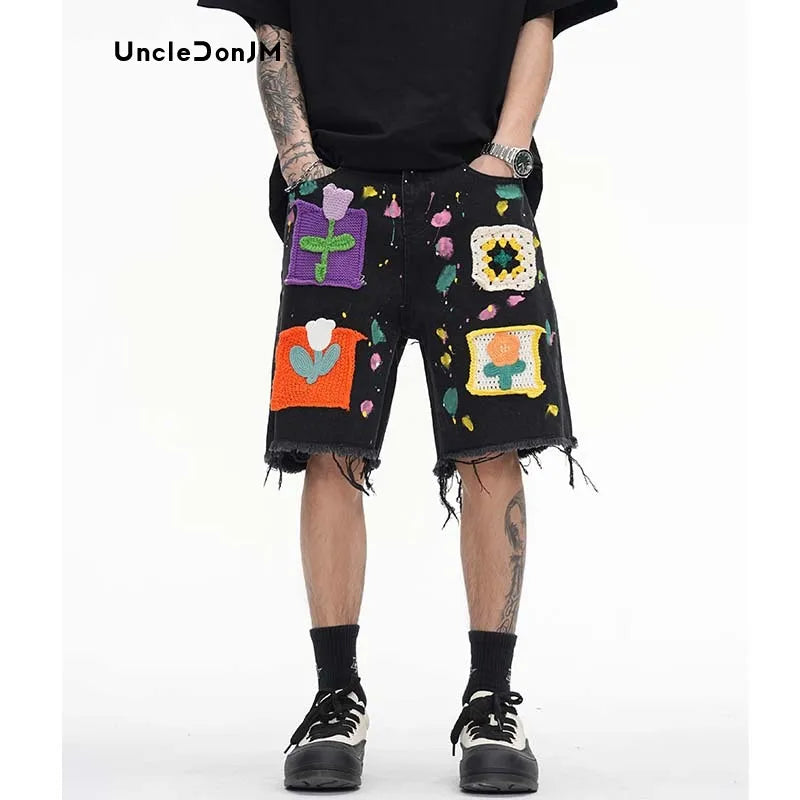 Graffiti Denim Shorts with Flower Patches - Men's Baggy Jorts Streetwear