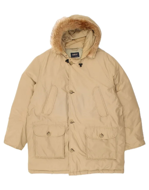 RIFLE Mens Hooded Padded Coat UK 40 Large Beige Cotton