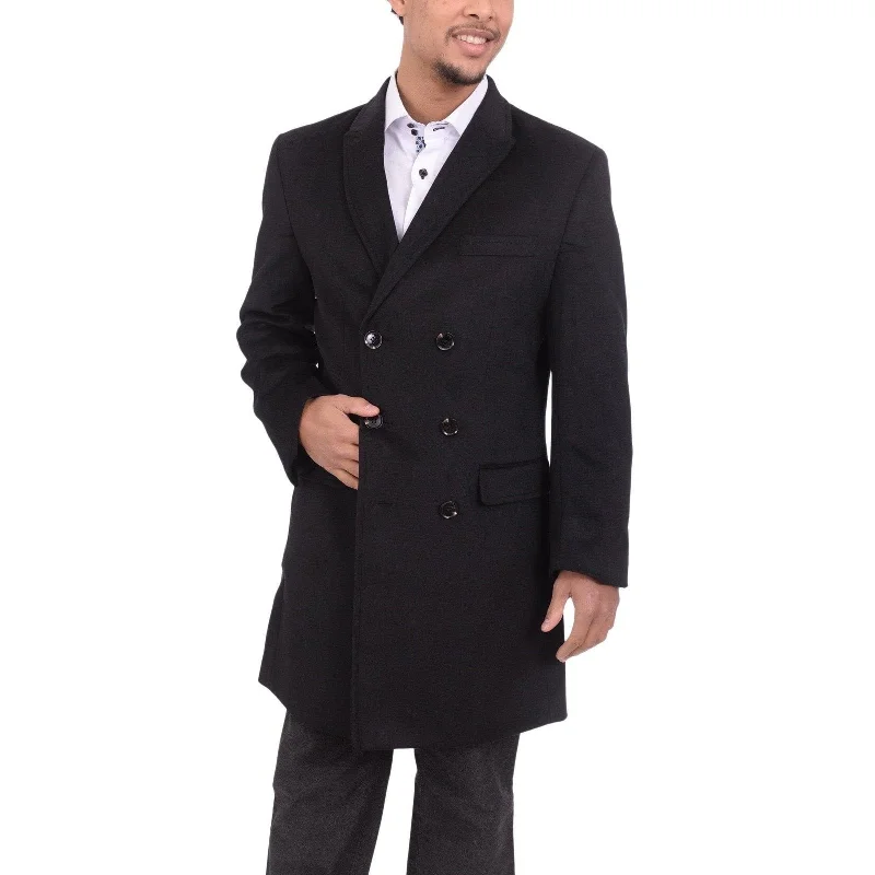 Mens Solid Black 3/4 Length Double Breasted Wool Cashmere Overcoat Car Coat Top Coat