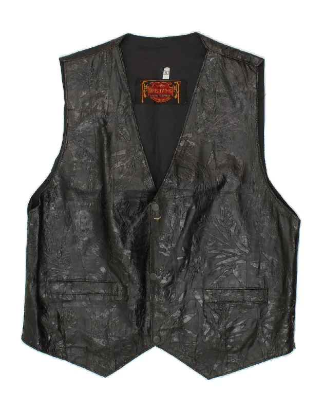 VINTAGE Mens Abstract Pattern Leather Waistcoat XL Black