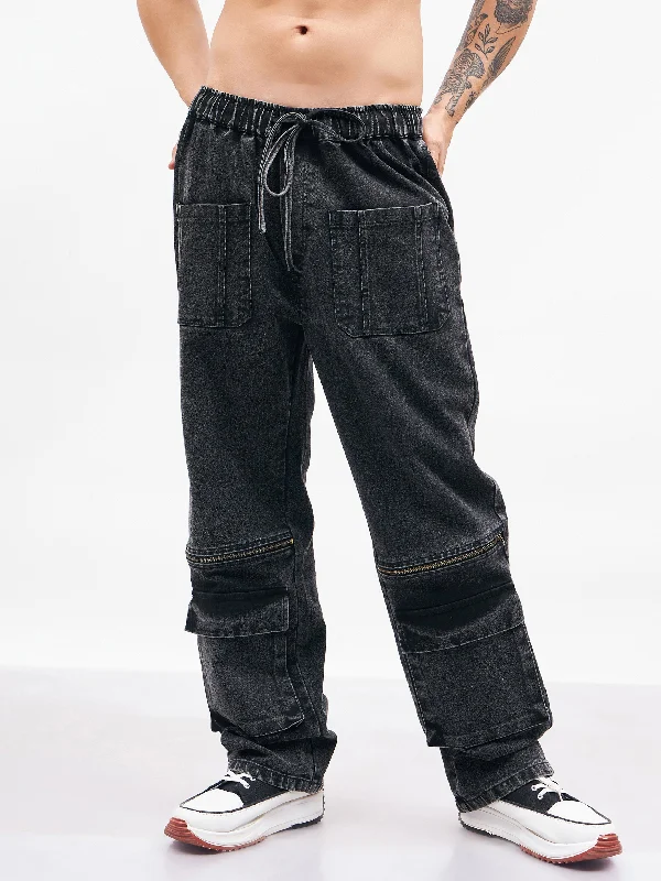 Men Black Front Zipper Baggy Fit Jeans