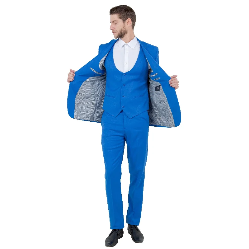 Men's Blue 3-Piece Solid Suit Set w/ U-Shaped Vest