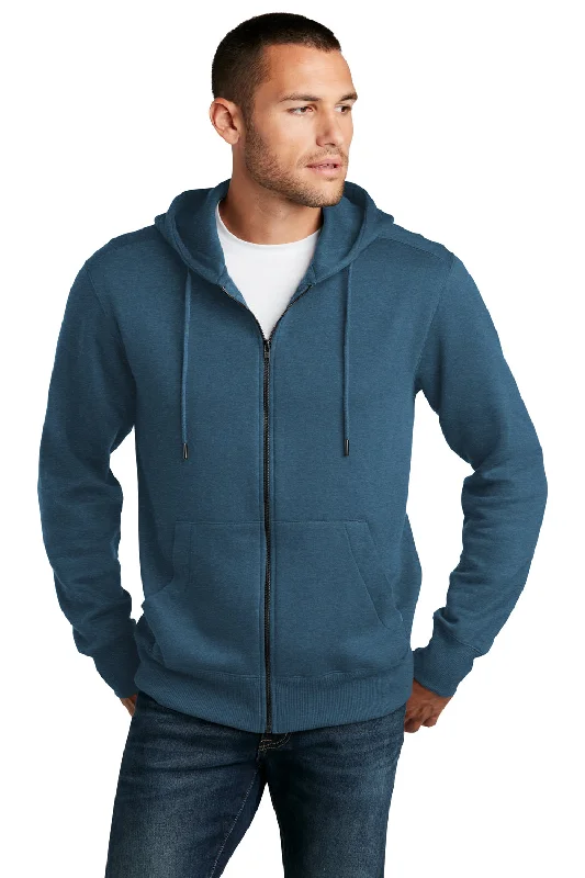 District Mens Perfect Weight Fleece Full Zip Hooded Sweatshirt Hoodie w/ Pockets - Heather Poseidon Blue - Closeout