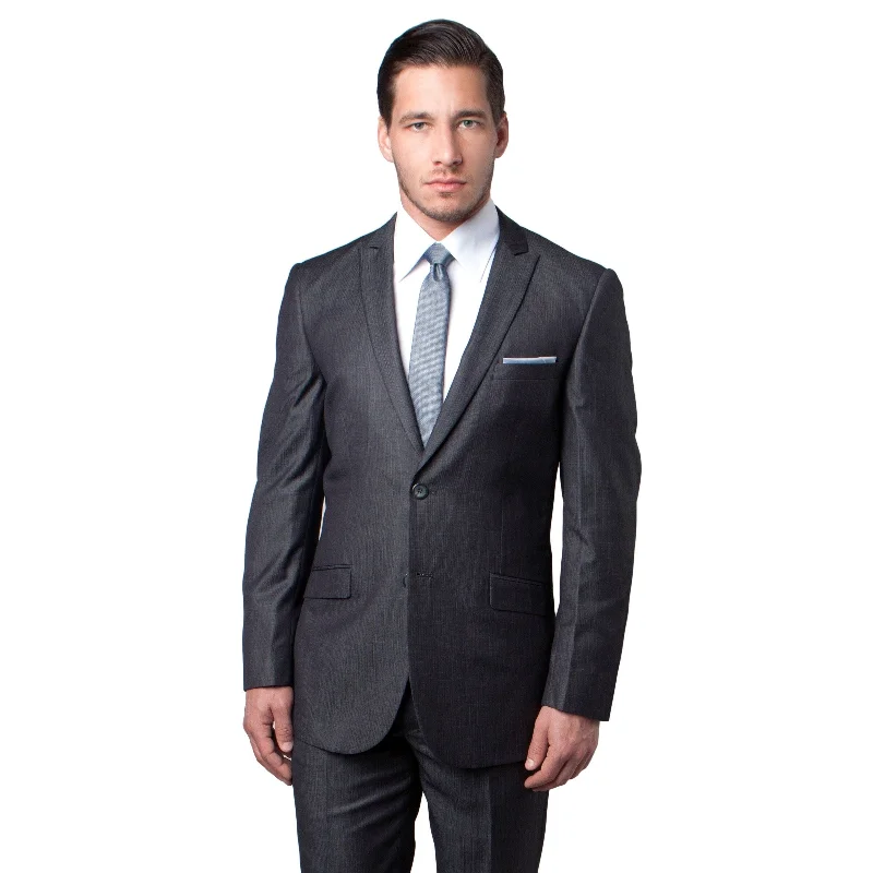 Mens Suit Grey Solid Peak Lapel Slanted Pocket Slim Fit Men Suits