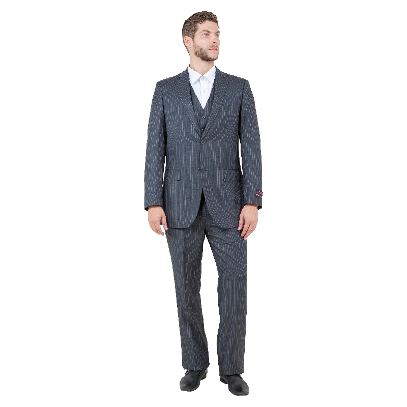 Men's 3-Piece Modern-Fit Grey Pinstriped Suit Set