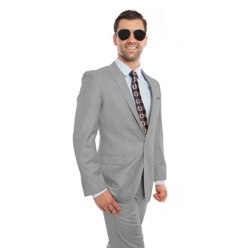 Men Suit Melange Grey Peak Lapel 2 Pieces Classic Fit Mens Suits