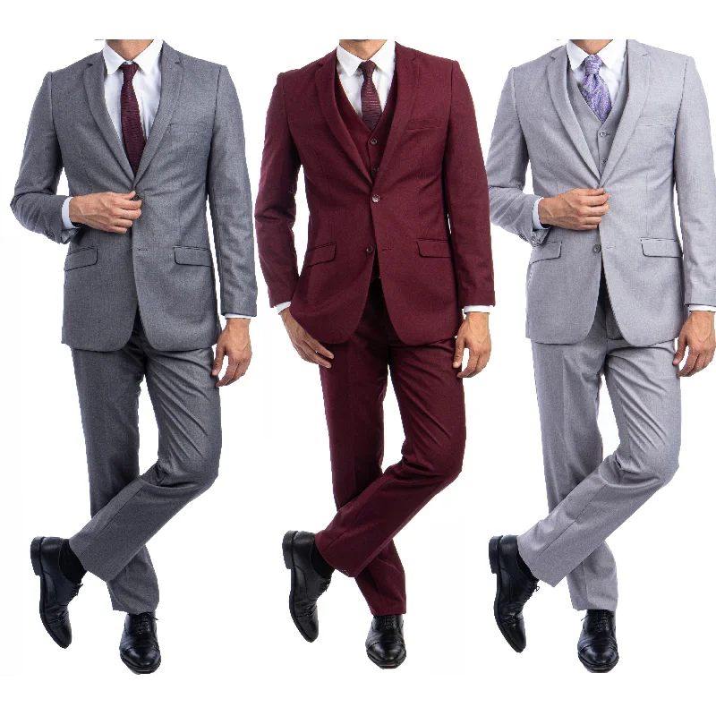 Slim Fit 3-Pc Suit Solid Notch Lapel Suits for Men-All Occasion Suit