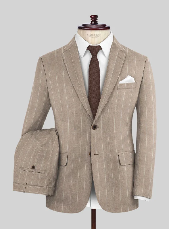 London Loom Brown Stripe Wool Silk Linen Suit