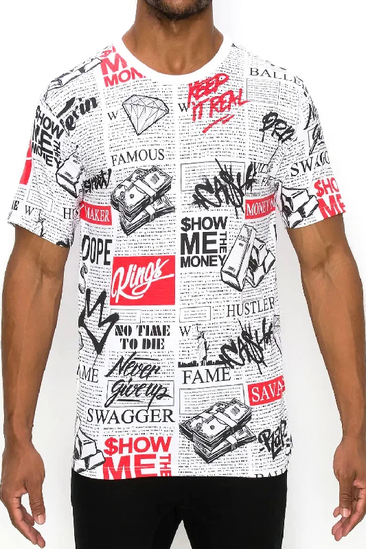 All Over Newspaper Graphic T-Shirts