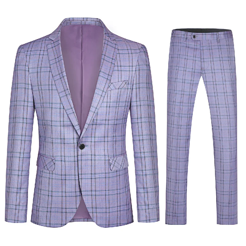 Plaid Stripe Suit Slim Fit 2-Piece Casual Suit Purple