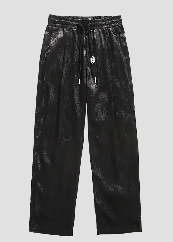 Boutique Black Pockets Jacquard Ice Silk Mens Pants Summer