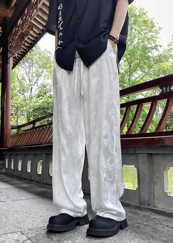 Boutique White Pockets Oriental Print Ice Silk Mens Pants Summer