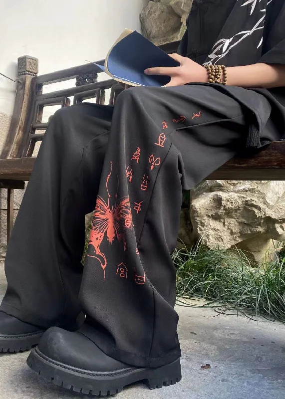 Handmade Black Pockets Print Ice Silk Mens Pants Summer