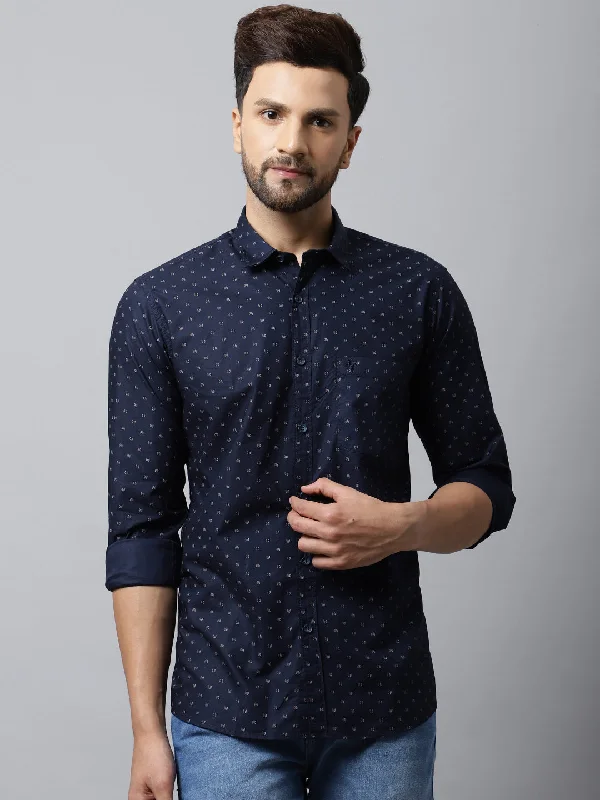 Men's Navy Blue Casual Geometric Print Full Sleeve Shirt