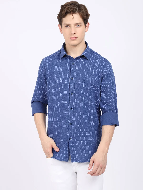 Men's Navy Blue Casual Geometric Print Full Sleeve Shirt