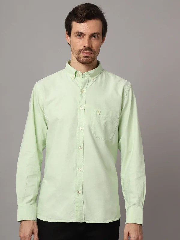 Men's Light Green Casual Plain Full Sleeve Shirt