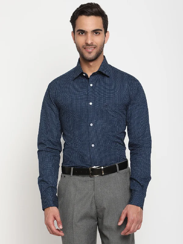 Men's Navy Blue Formal Dot Print Full Sleeve Shirt