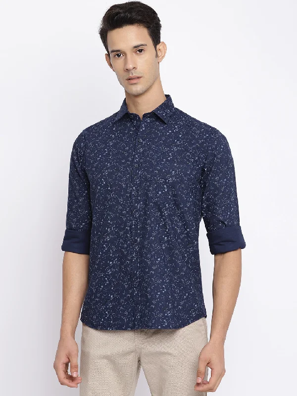 Men's Navy Blue Casual Floral Print Full Sleeve Shirt