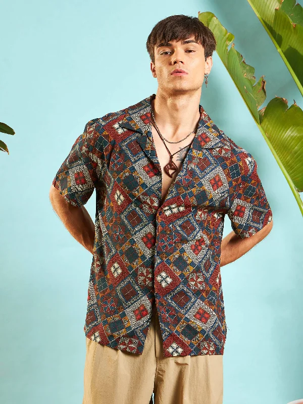 Men Rust Geometric Relax Fit Shirt