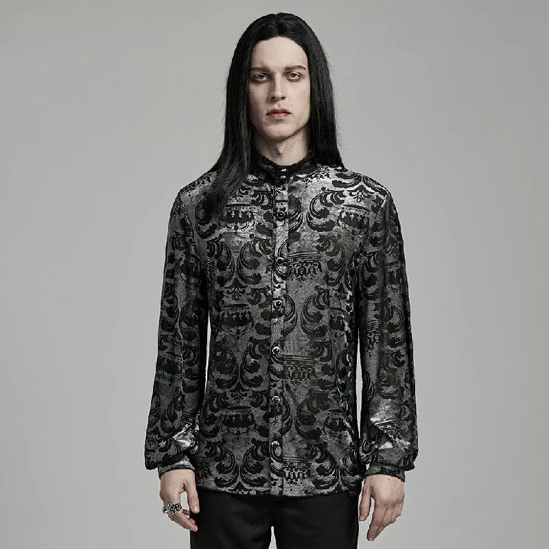 Men's Gothic Stand Collar Flocking Black Grey Shirt