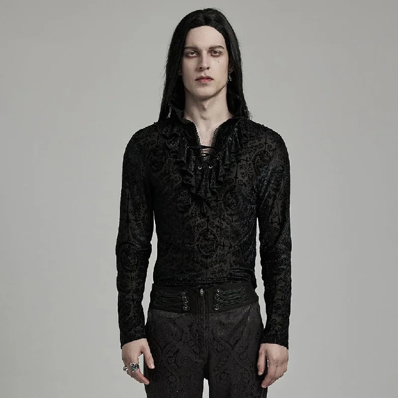 Men's Gothic Stand Collar Ruffled Flocking Shirt