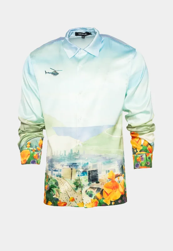 Nahmias Helicopter Landscape L/S Silk Shirt - Sky Blue Multi