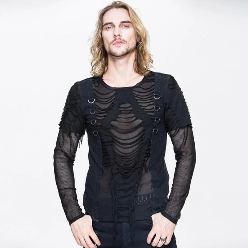 Men's Punk Mesh and Distressed Rip T Shirt