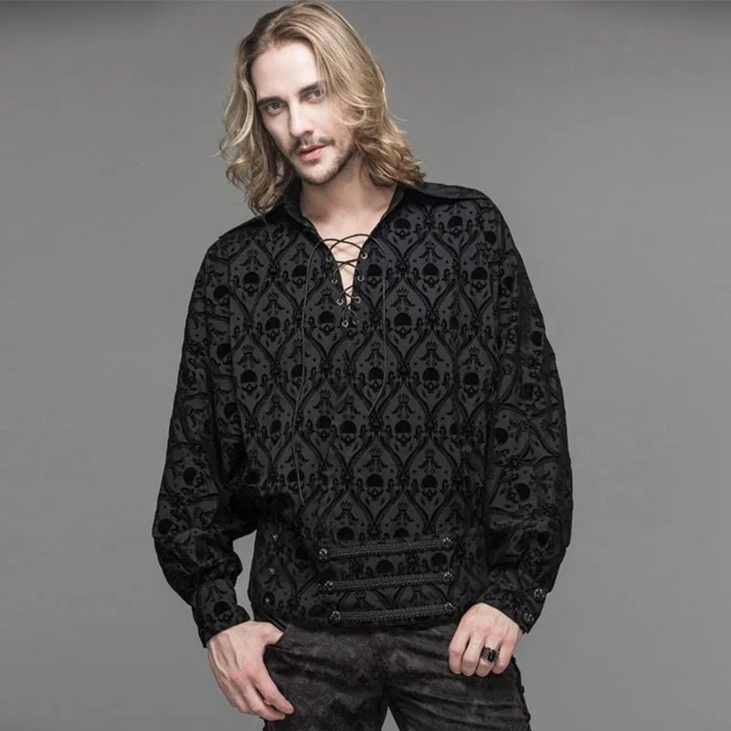 Men's String and Grommet Lacing Gothic Self Patterned Shirt