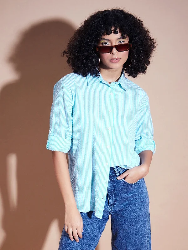 Women Blue Seersucker Pinstriped Oversized Shirt