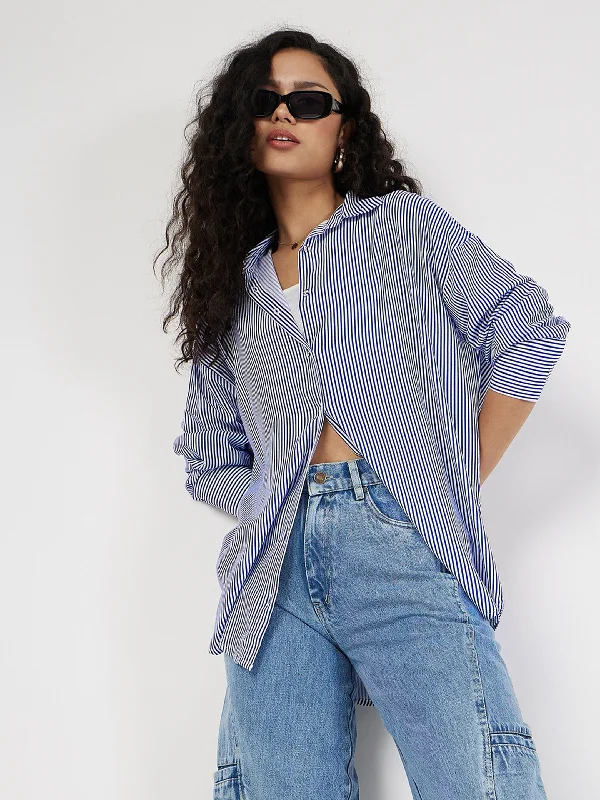 Women Blue & White Pinstriped Oversize Shirt