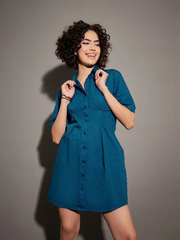 Women Navy Poplin Shirt Dress