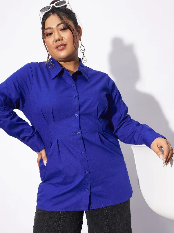 Women Royal Blue Poplin Pleated Slim Waist Shirt